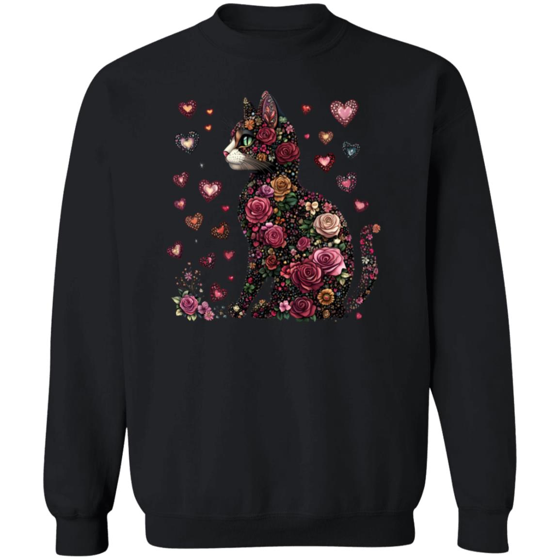 cat flowers Floral Cat Sweatshirt – Cozy 8oz Cotton Blend with Heart Design (S-5X)