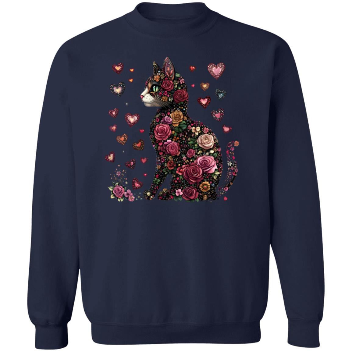 cat flowers Floral Cat Sweatshirt – Cozy 8oz Cotton Blend with Heart Design (S-5X)