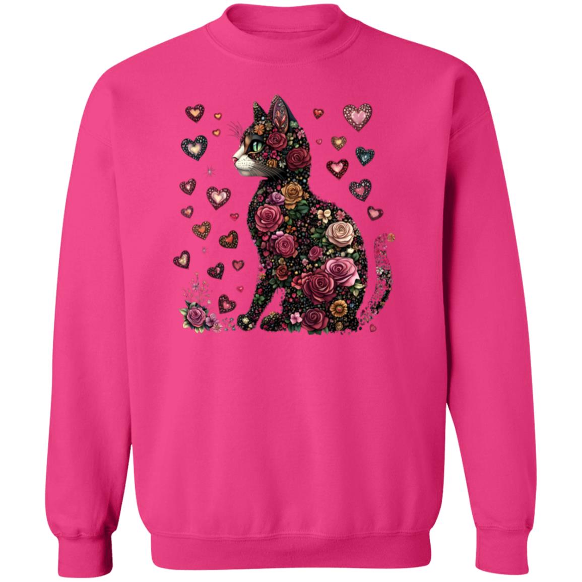 cat flowers Floral Cat Sweatshirt – Cozy 8oz Cotton Blend with Heart Design (S-5X)