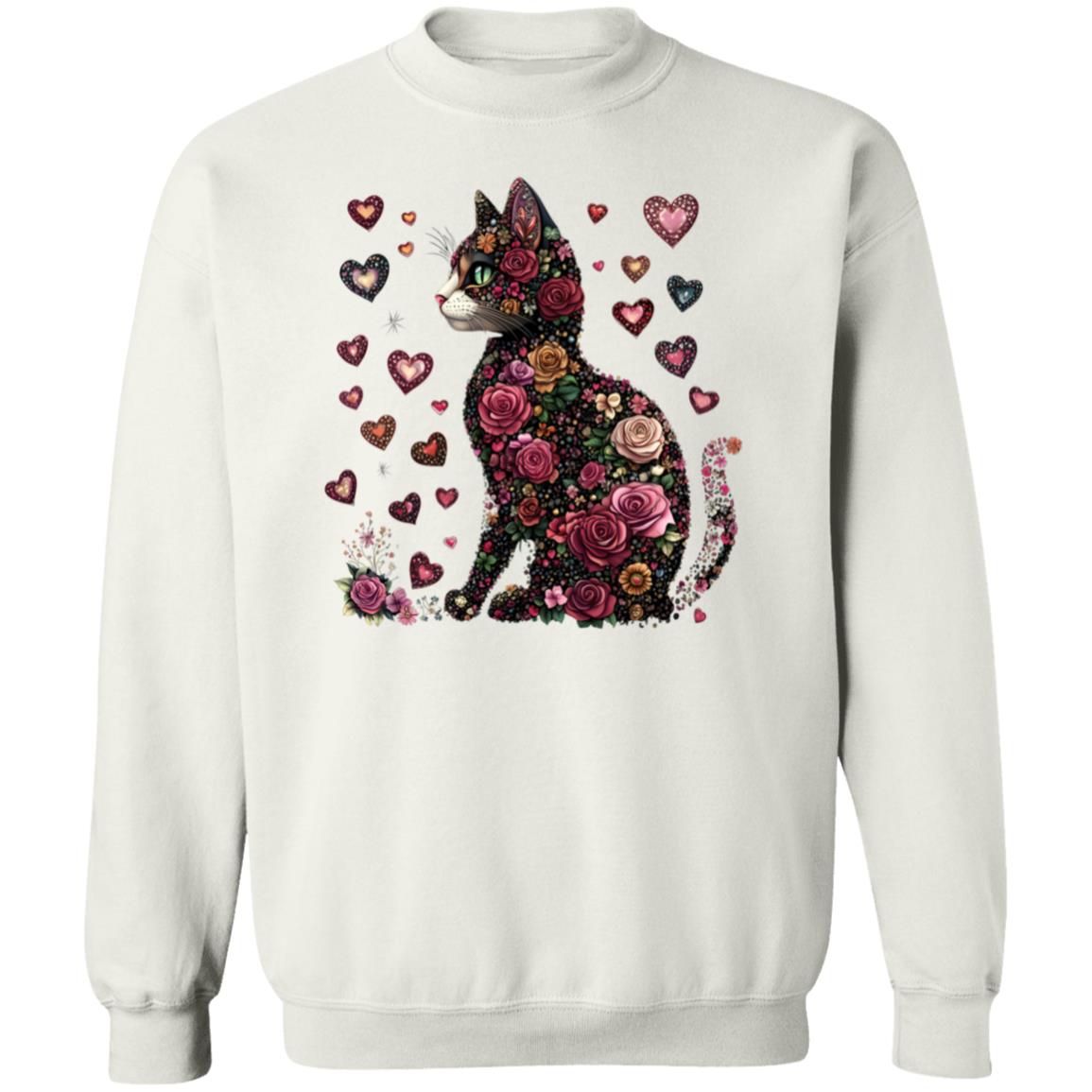 cat flowers Floral Cat Sweatshirt – Cozy 8oz Cotton Blend with Heart Design (S-5X)